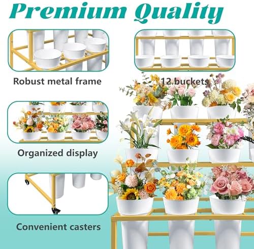 PROLEE Flower Stand with 12 Round Buckets, Flower Display Stand with Wheels, Moving Florist Bouquet Shelf for, alternate view