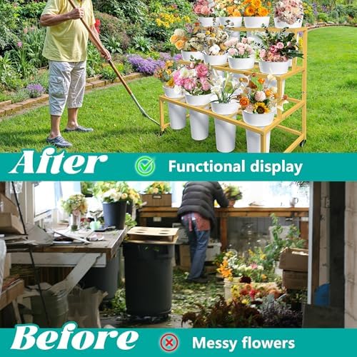 PROLEE Flower Stand with 12 Round Buckets, Flower Display Stand with Wheels, Moving Florist Bouquet Shelf for, alternate view
