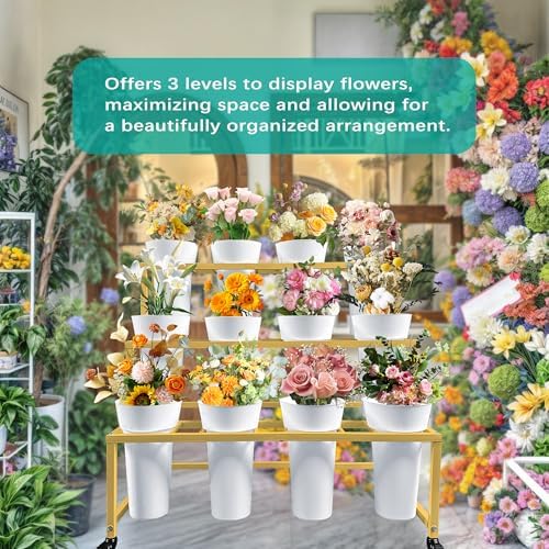 PROLEE Flower Stand with 12 Round Buckets, Flower Display Stand with Wheels, Moving Florist Bouquet Shelf for, alternate view