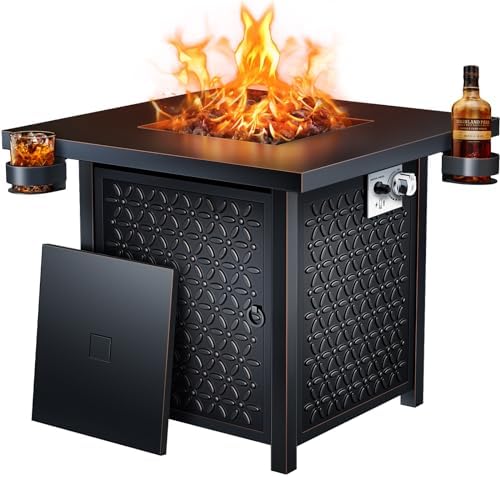 Propane Fire Pit, 28 inch Fire Pit Table with Two Cup Holders, 50,000 BTU Steel Gas Fire Pit with Pulse Ignition