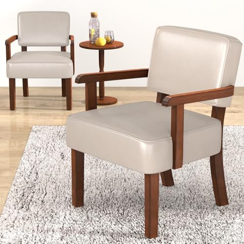 PU Leather Accent Chairs Set of 2, 2 Armchairs with Side Table in One Set in Faux Leather Beige