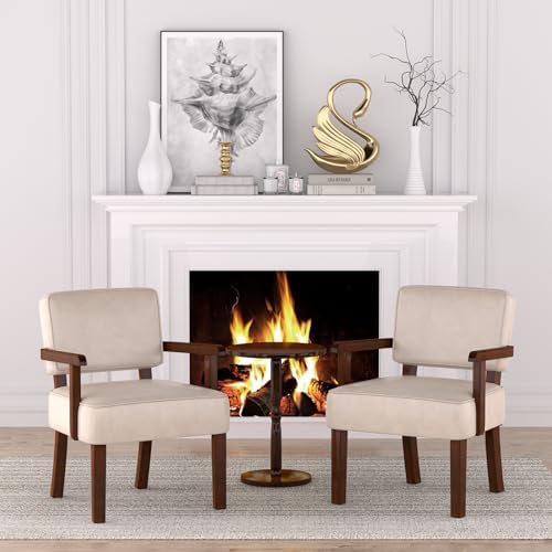 PU Leather Accent Chairs Set of 2, 2 Armchairs with Side Table in One Set in Faux Leather Beige, alternate view 6