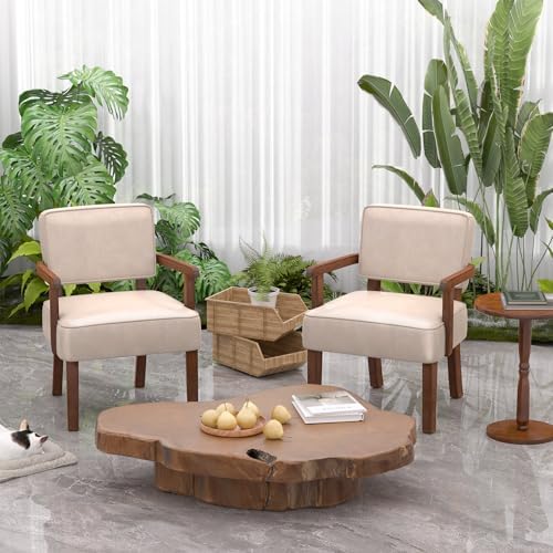 PU Leather Accent Chairs Set of 2, 2 Armchairs with Side Table in One Set in Faux Leather Beige, alternate view 7