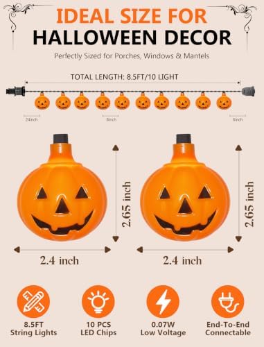 Pumpkin String Lights 8.5FT Outdoor Decorations Lights with 10 Orange Pumpkin Lights, Hanging Jack-O-Lantern, alternate view