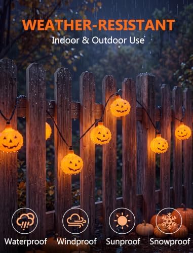 Pumpkin String Lights 8.5FT Outdoor Decorations Lights with 10 Orange Pumpkin Lights, Hanging Jack-O-Lantern, alternate view