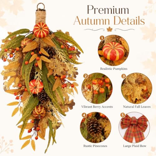 Pumpkin Teardrop Swag, Fall Door Decor, Artificial Fall Flowers, Home Decor, alternate view 2