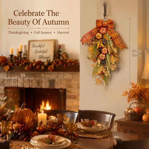 Pumpkin Teardrop Swag, Fall Door Decor, Artificial Fall Flowers, Home Decor, alternate view 3