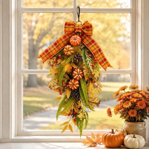 Pumpkin Teardrop Swag, Fall Door Decor, Artificial Fall Flowers, Home Decor, alternate view 4
