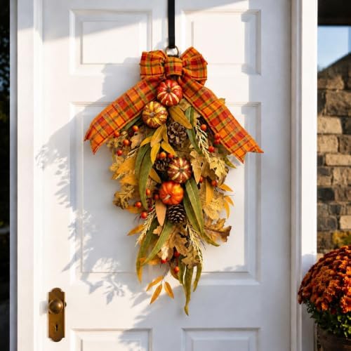 Pumpkin Teardrop Swag, Fall Door Decor, Artificial Fall Flowers, Home Decor, alternate view 6