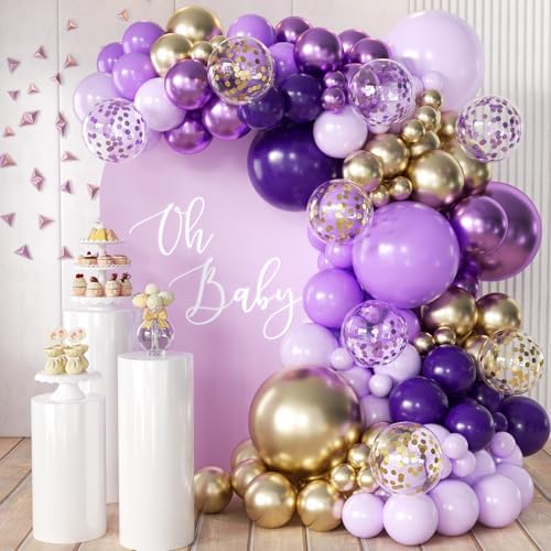 Purple and Gold Balloons Arch Kit, 155Pcs Lavender Dark Purple Pastel Purple Lilac and Gold Balloon Garland for