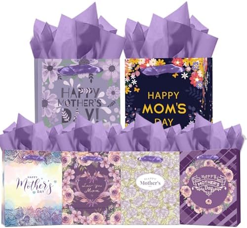 Purple Assorted Mother's Day Paper Bags with Tissue Paper 6PCS Cardboard Gift Bags for Women Mom Grandma Party