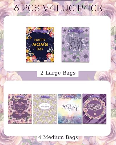 Purple Assorted Mother's Day Paper Bags with Tissue Paper 6PCS Cardboard Gift Bags for Women Mom Grandma Party, alternate