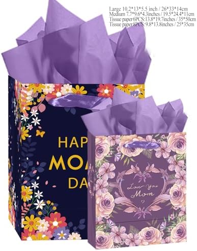 Purple Assorted Mother's Day Paper Bags with Tissue Paper 6PCS Cardboard Gift Bags for Women Mom Grandma Party, alternate