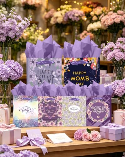 Purple Assorted Mother's Day Paper Bags with Tissue Paper 6PCS Cardboard Gift Bags for Women Mom Grandma Party, alternate