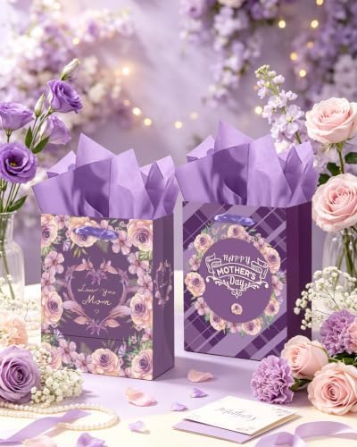 Purple Assorted Mother's Day Paper Bags with Tissue Paper 6PCS Cardboard Gift Bags for Women Mom Grandma Party, alternate