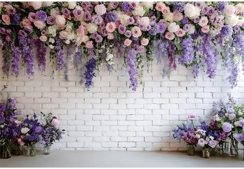 Purple Floral Wall Backdrops 10x6.5ft Flowers White Brick Wall Backdrops for Photoshoot Valentine Day