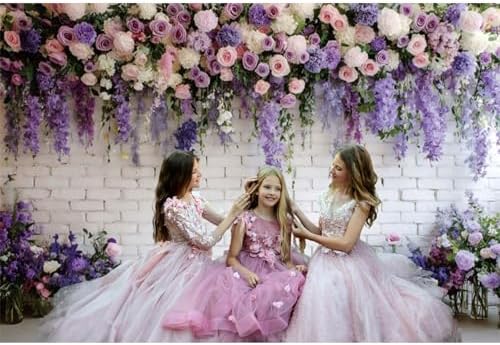 Purple Floral Wall Backdrops 10x6.5ft Flowers White Brick Wall Backdrops for Photoshoot Valentine Day, alternate view 3