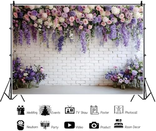 Purple Floral Wall Backdrops 10x6.5ft Flowers White Brick Wall Backdrops for Photoshoot Valentine Day, alternate view 4