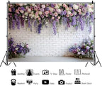 Purple Floral Wall Backdrops 10x8ft Flowers White Brick Wall Backdrops for Photoshoot Valentine Day Decorations, alternate