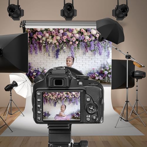 Purple Floral Wall Backdrops 12x8ft Flowers White Brick Wall Backdrops for Photoshoot Valentine Day Decorations, alternate