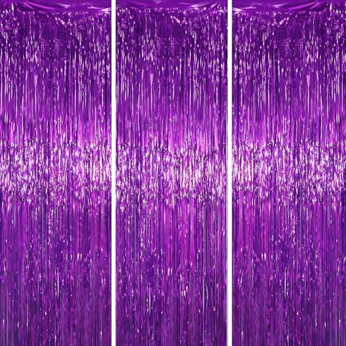 Purple Foil Fringe Backdrop Curtains, 3.3x6.6ft, 3pcs in 3.3x6.6ft