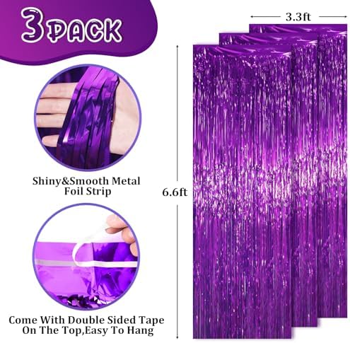 Purple Foil Fringe Backdrop Curtains, 3.3x6.6ft, 3pcs in 3.3x6.6ft, alternate view 3