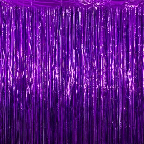 Purple Fringe Backdrop, 8 Pack 3.3 x 6.6 ft Foil Curtains in 3.3 x 6.6 ft