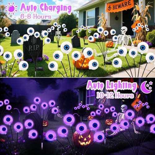 Purple Halloween Decorations Outdoor, 8 Pack 48 LED Solar Scary Eyeball Swaying Lights, Purple Solar Firefly, alternate view