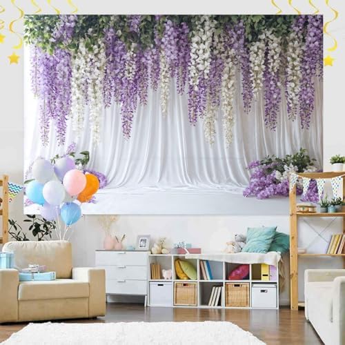 Purple Lavender Wedding Backdrop Background for Photography, Flower Butterfly Bridal Shower Mother's Day Party, alternate