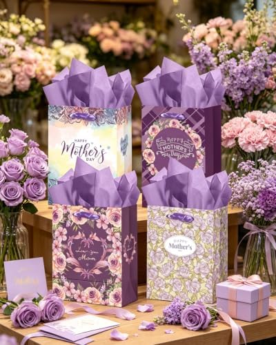 Purple Medium Gift Bags with Tissue Paper Cardboard Gift Bags for Women Mom Grandma Party Supply(4pcs Bags, alternate view 6