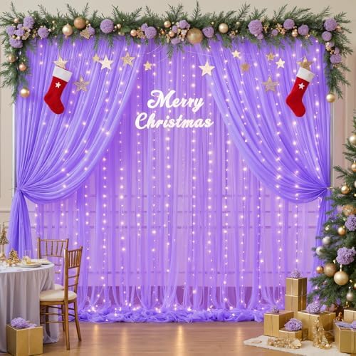 Purple Sheer Backdrop Curtains with Lights String for Baby Shower Girls 2 Panels 5×8ft Tulle Backdrop Curtain, alternate view