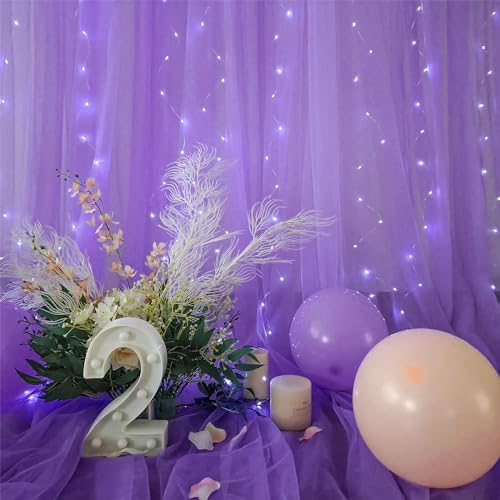 Purple Sheer Backdrop Curtains with Lights String for Baby Shower Girls 2 Panels 5×8ft Tulle Backdrop Curtain, alternate view
