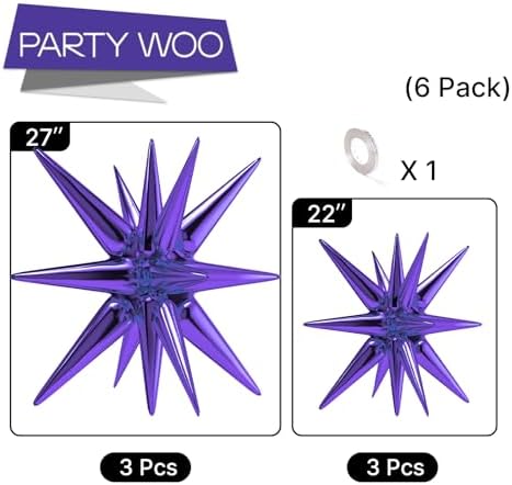 Purple Star Spike Balloons 6pcs Explosion Foil Mylar Balloons in 6 PCS - 27&22 Inch in Purple, alternate view 3