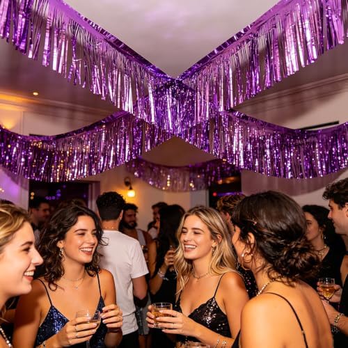Purple Streamers Parade Float Decorations 3 Packs 36 Feet Metallic Purple Foil Fringe Garland Wall Ceiling, alternate view 4