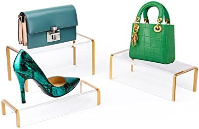 Purse Display Stand, 6mm Thick Clear Acrylic Risers Display Stands, Gold Shoe Display Riser, 3 Pack Luxury
