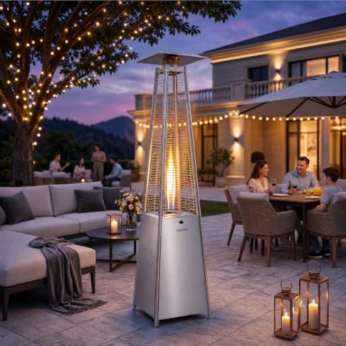 Pyramid Propane Patio Heater with Wheels & Waterproof Cover, Silver in silver + dust cover, alternate view 2