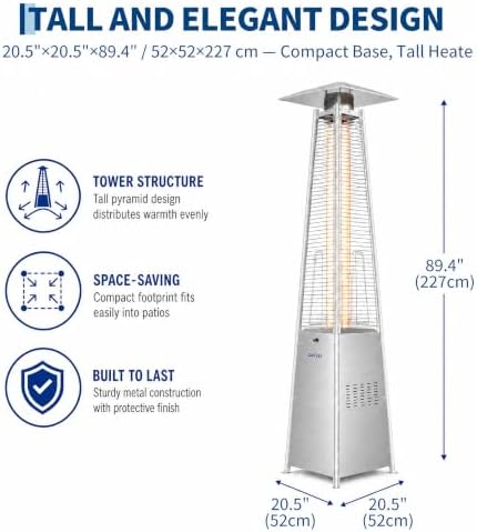 Pyramid Propane Patio Heater with Wheels & Waterproof Cover, Silver in silver + dust cover, alternate view 3