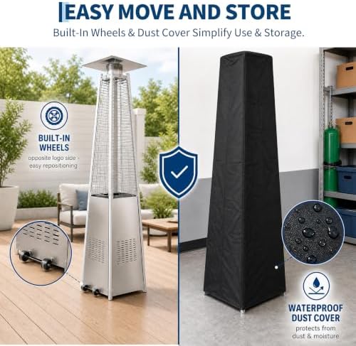 Pyramid Propane Patio Heater with Wheels & Waterproof Cover, Silver in silver + dust cover, alternate view 5