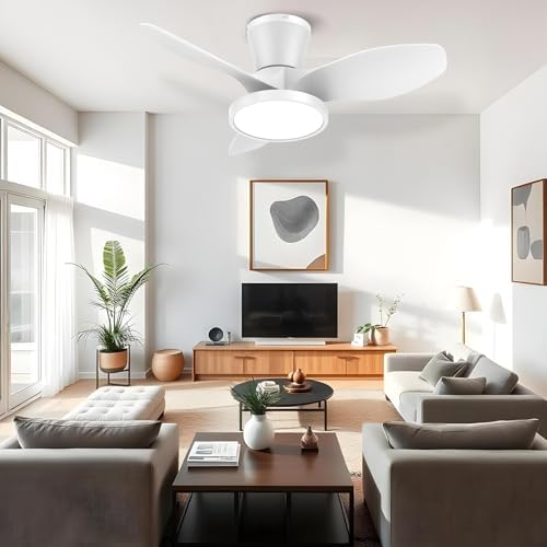 Quiet Ceiling Fan with LED Light DC Motor 32 inch Large Air Volume Remote Control White for Kitchen Bedroom, alternate view 2