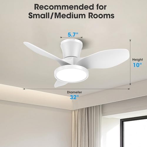 Quiet Ceiling Fan with LED Light DC Motor 32 inch Large Air Volume Remote Control White for Kitchen Bedroom, alternate view 3