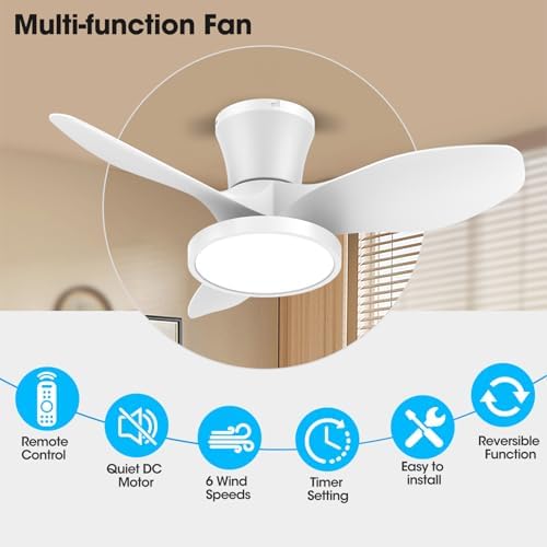 Quiet Ceiling Fan with LED Light DC Motor 32 inch Large Air Volume Remote Control White for Kitchen Bedroom, alternate view 4