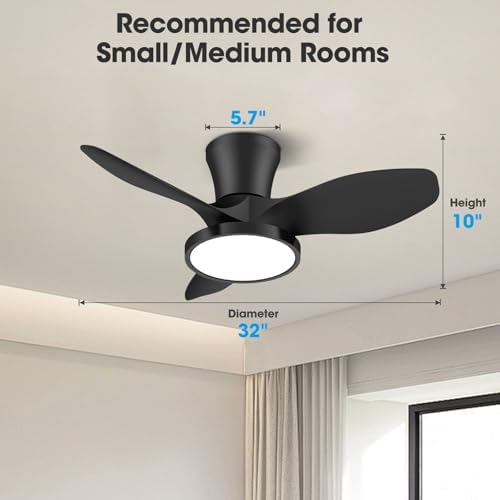 Quiet Ceiling Fan with LED Light DC Motor 32 inch Large Air Volume Remote Control for Kitchen Bedroom Dining, alternate view