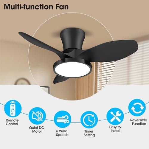Quiet Ceiling Fan with LED Light DC Motor 32 inch Large Air Volume Remote Control for Kitchen Bedroom Dining, alternate view