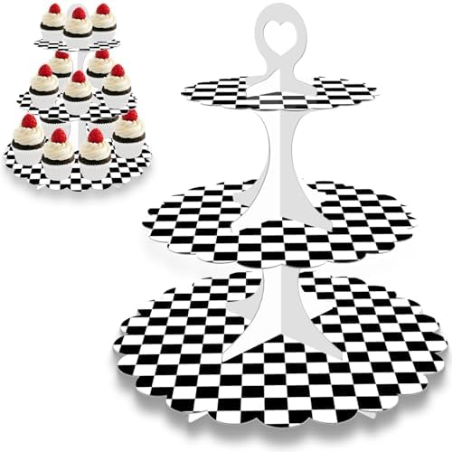 Racing Cupcake Stand 2-Pack - 3-Tier Black White Checkered Dessert Tower for Car Birthday Party, Race Theme