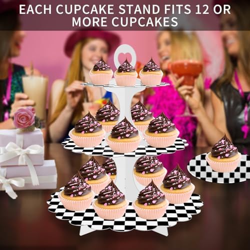 Racing Cupcake Stand 2-Pack - 3-Tier Black White Checkered Dessert Tower for Car Birthday Party, Race Theme, alternate view 2
