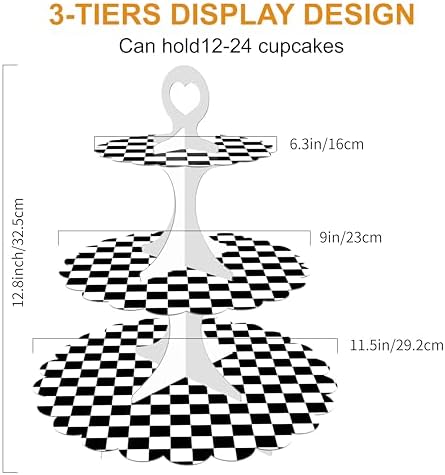 Racing Cupcake Stand 2-Pack - 3-Tier Black White Checkered Dessert Tower for Car Birthday Party, Race Theme, alternate view 3