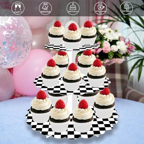 Racing Cupcake Stand 2-Pack - 3-Tier Black White Checkered Dessert Tower for Car Birthday Party, Race Theme, alternate view 4