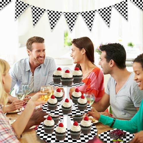 Racing Cupcake Stand 2-Pack - 3-Tier Black White Checkered Dessert Tower for Car Birthday Party, Race Theme, alternate view 5