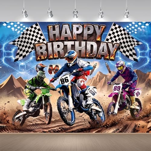 Racing Happy Birthday Backdrop, Dirt Bike Motorcycle Birthday Decorations Photography Background, Checkered