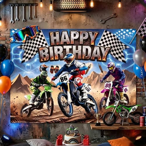 Racing Happy Birthday Backdrop, Dirt Bike Motorcycle Birthday Decorations Photography Background, Checkered, alternate view 2